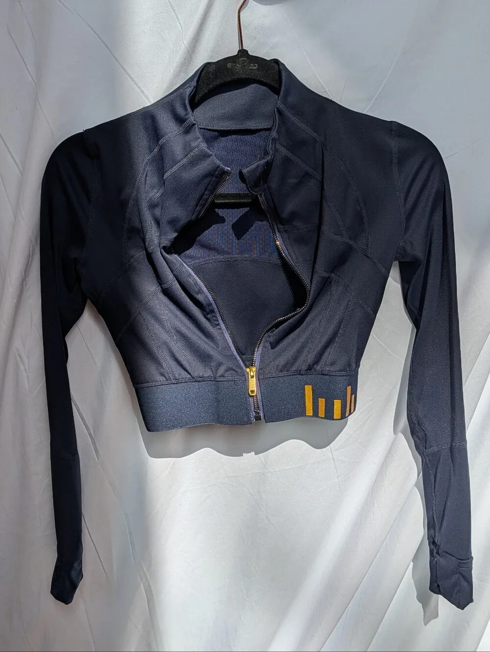 Vintage Lululemon Navy Cropped Zip-Front Active Jacket with Gold Accent